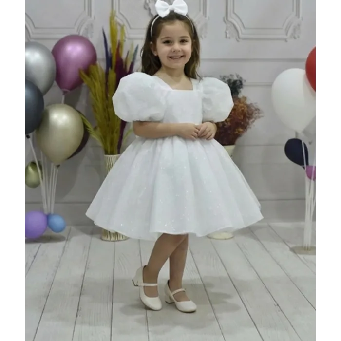 Kız Çocuk Beyaz Simli Parıltılı Dalgalı Tül Kabarık Elbise