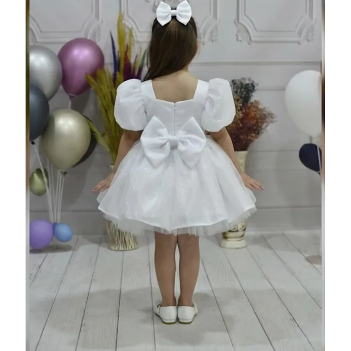 Kız Çocuk Beyaz Simli Parıltılı Dalgalı Tül Kabarık Elbise