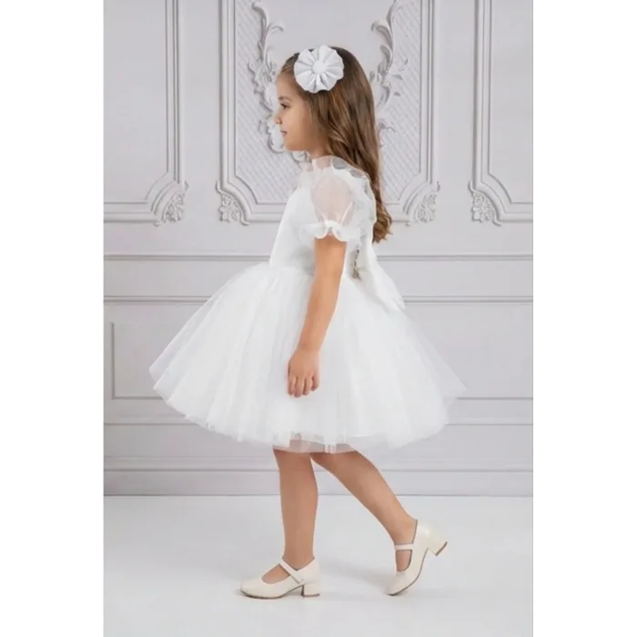 Kız Çocuk Beyaz Kalp Detaylı Kısa Balon Kol Kabarık Elbise