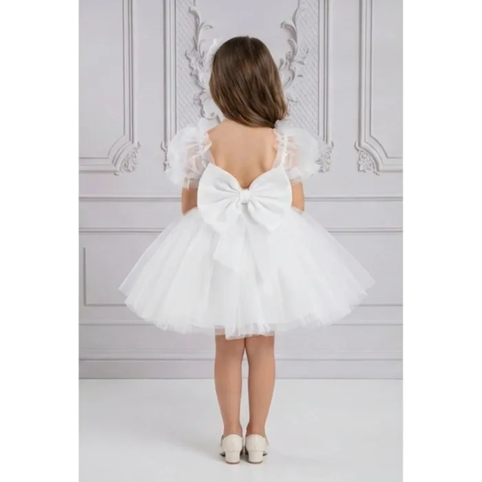 Kız Çocuk Beyaz Kalp Detaylı Kısa Balon Kol Kabarık Elbise