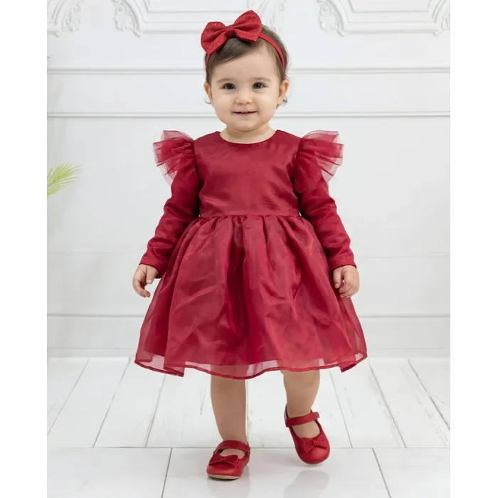 Bordo Organze Uzun Kol Elbise Abiye Gelinlik