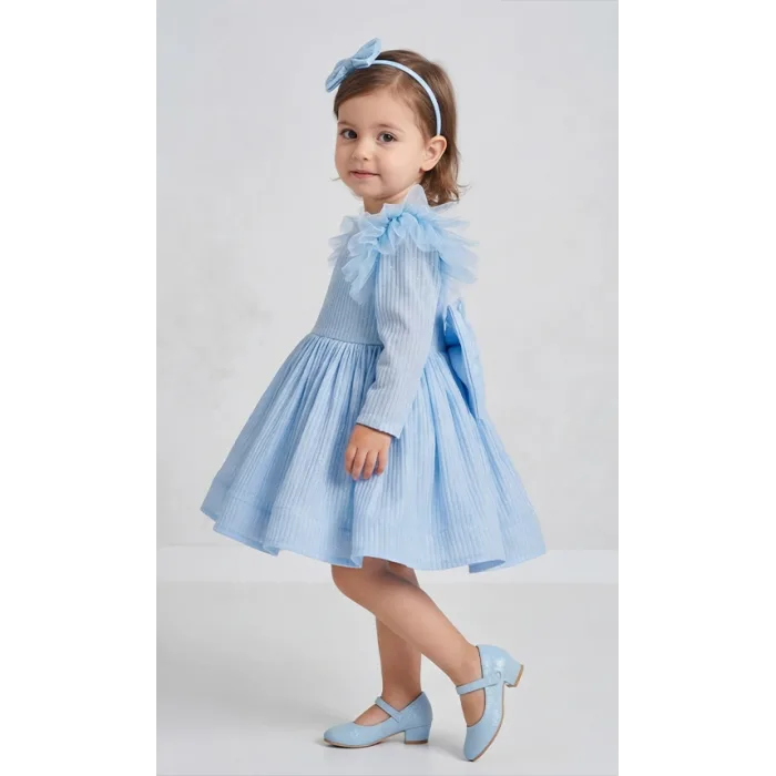 Bebe Mavisi Parıltılı Simli Uzun Kol Kabarık Elbise Abiye Gelinlik