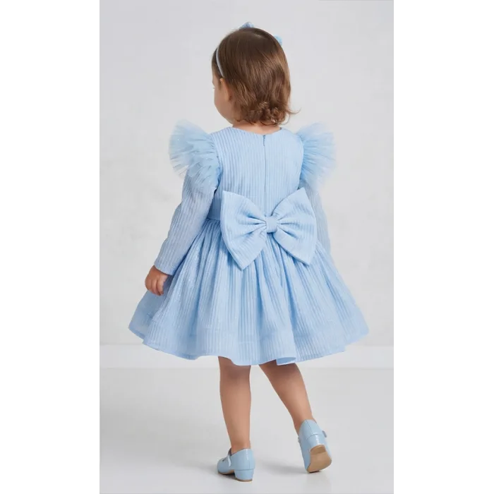 Bebe Mavisi Parıltılı Simli Uzun Kol Kabarık Elbise Abiye Gelinlik