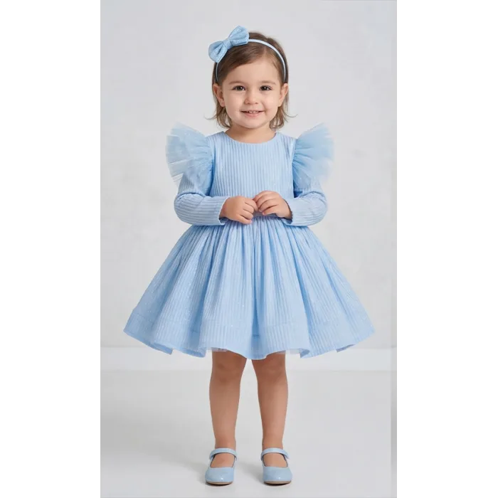 Bebe Mavisi Parıltılı Simli Uzun Kol Kabarık Elbise Abiye Gelinlik