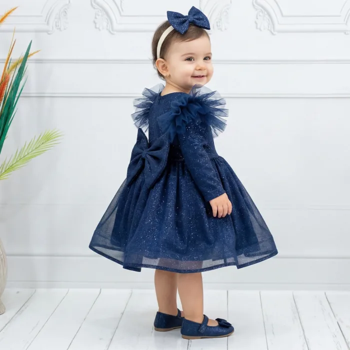 Lacivert Simli Uzun Kol parıltılı Kabarık Elbise Gelinlik Abiye