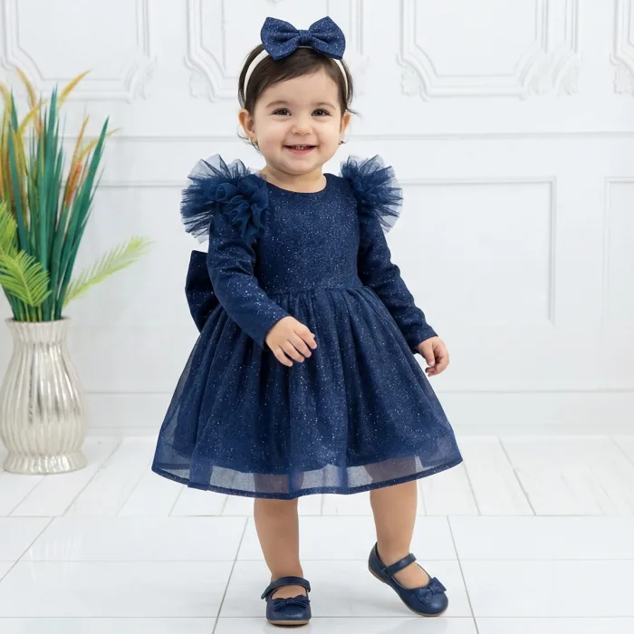 Lacivert Simli Uzun Kol parıltılı Kabarık Elbise Gelinlik Abiye