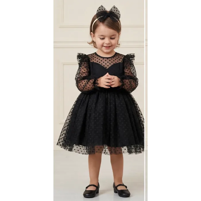Kız Çocuk Siyah Flok Tül Kalp Detaylı Kabarık Elbise