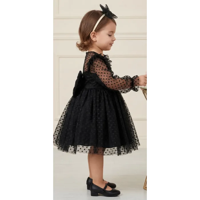 Kız Çocuk Siyah Flok Tül Kalp Detaylı Kabarık Elbise