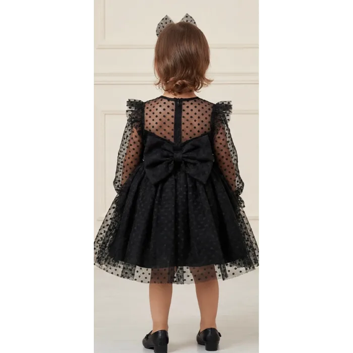 Kız Çocuk Siyah Flok Tül Kalp Detaylı Kabarık Elbise