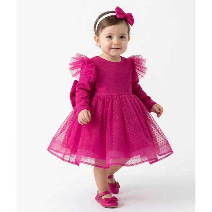 Fuşya Flok Uzun Kol Elbise Abiye Gelinlik