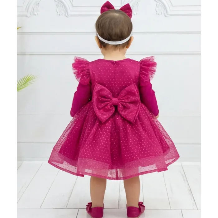 Fuşya Flok Uzun Kol Elbise Abiye Gelinlik