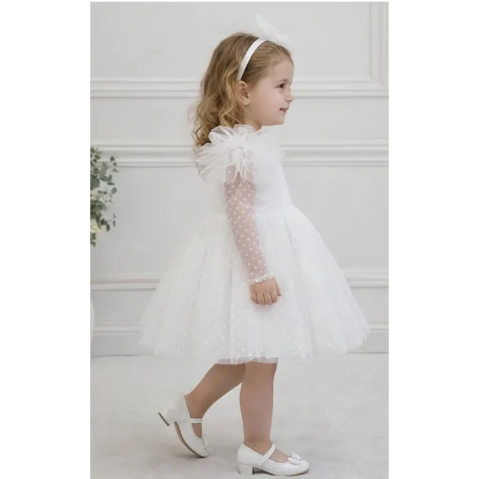 Kız Çocuk Beyaz Şeffaf Flok Pauantiyeli Kalp Detaylı Prenses Kol Detaylı Kabarık Elbise
