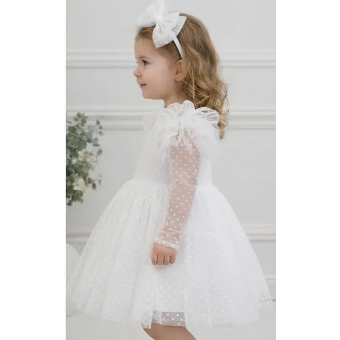 Kız Çocuk Beyaz Şeffaf Flok Pauantiyeli Kalp Detaylı Prenses Kol Detaylı Kabarık Elbise