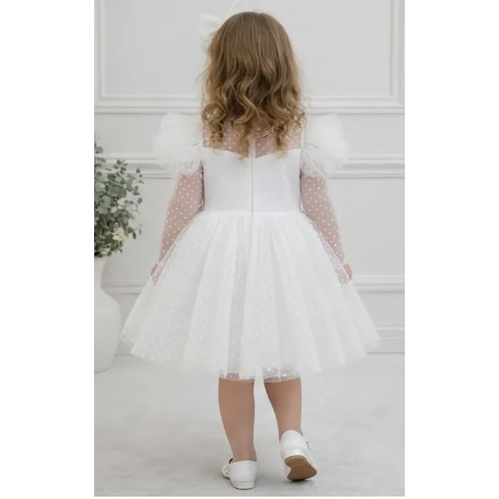 Kız Çocuk Beyaz Şeffaf Flok Pauantiyeli Kalp Detaylı Prenses Kol Detaylı Kabarık Elbise