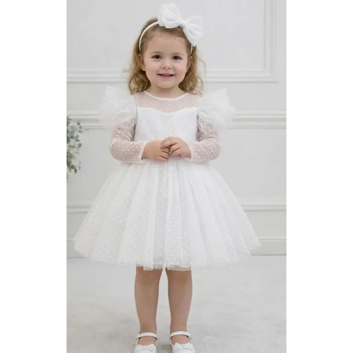 Kız Çocuk Beyaz Şeffaf Flok Pauantiyeli Kalp Detaylı Prenses Kol Detaylı Kabarık Elbise