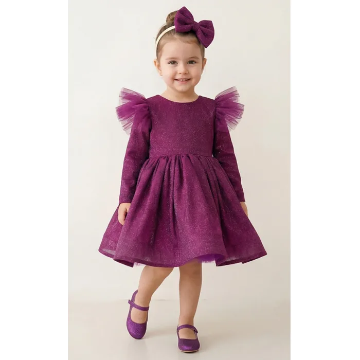 Mürdüm Parılıtılı Uzun Kol Simli Kabarık Elbise