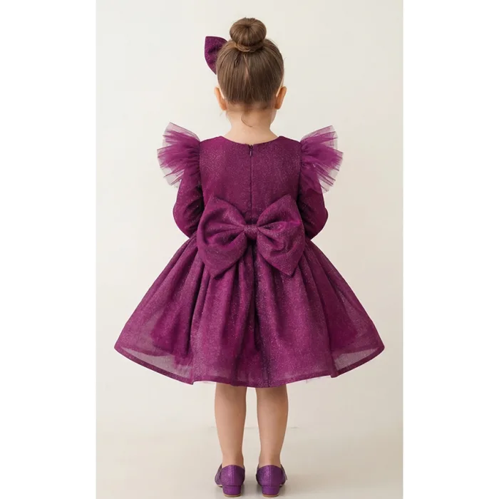 Mürdüm Parılıtılı Uzun Kol Simli Kabarık Elbise