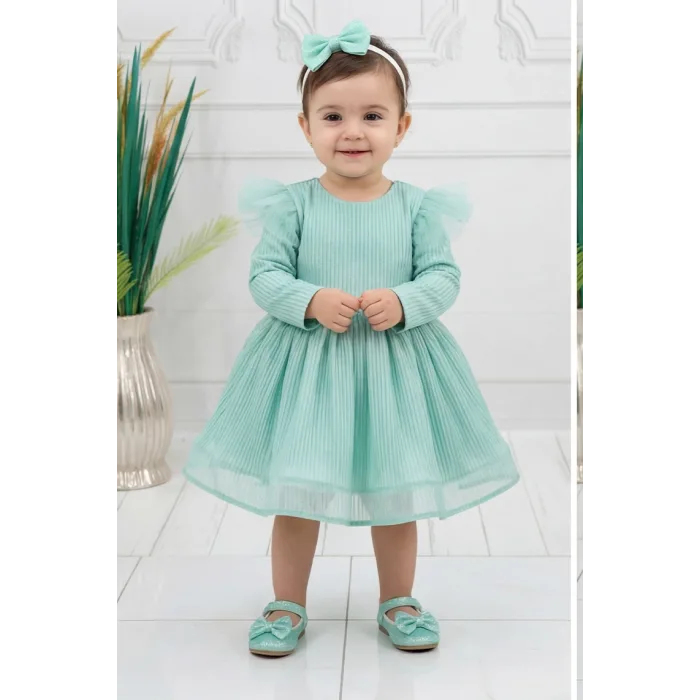 Küf Yeşili Parıltılı Simli Uzun Kol Kabarık Parıltılı Elbise Gelinlik