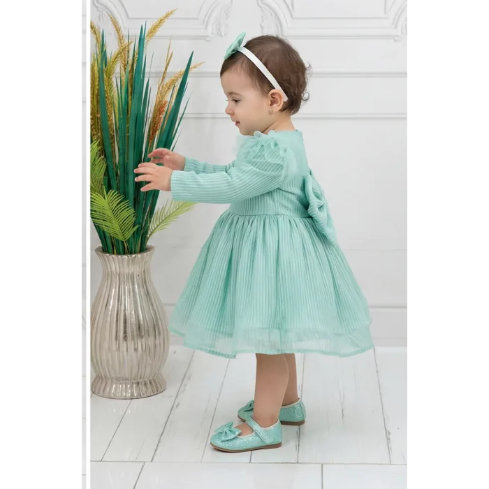 Küf Yeşili Parıltılı Simli Uzun Kol Kabarık Parıltılı Elbise Gelinlik