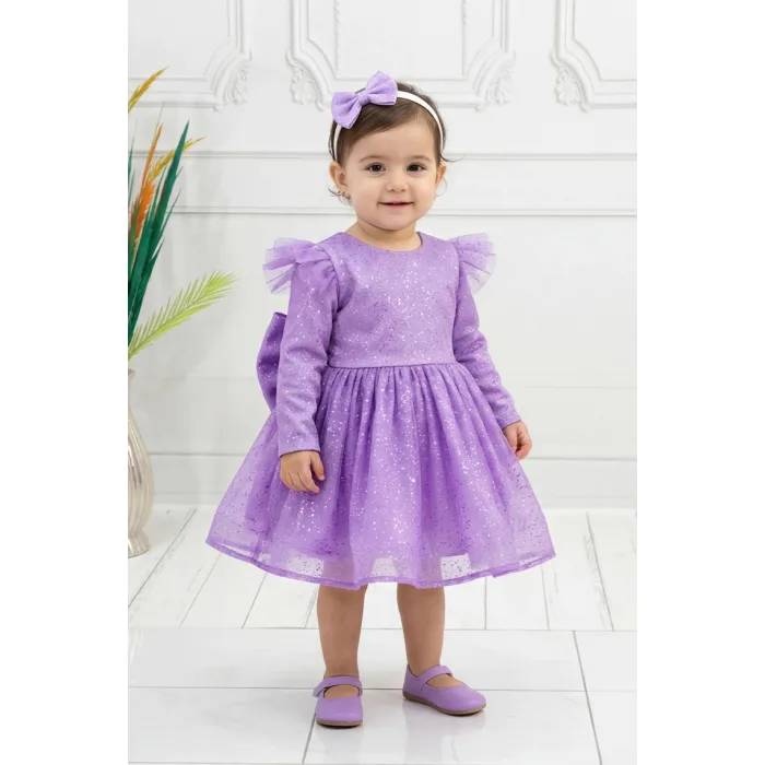 Lila Parıltılı Uzun Kol Kabarık Elbise Abiye Gelinlik