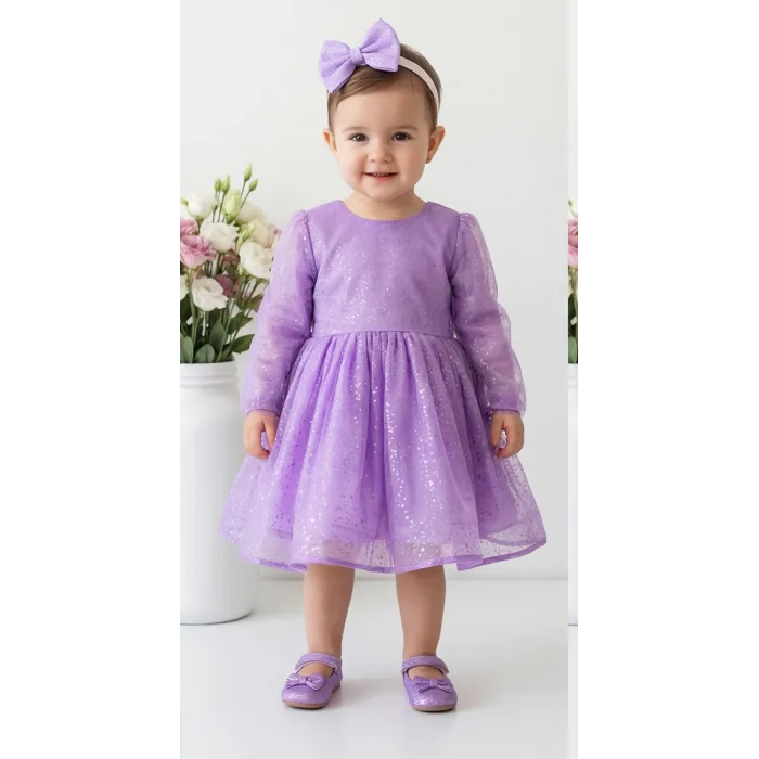 Lila Parıltılı Uzun Kol Kabarık Elbise Abiye Gelinlik