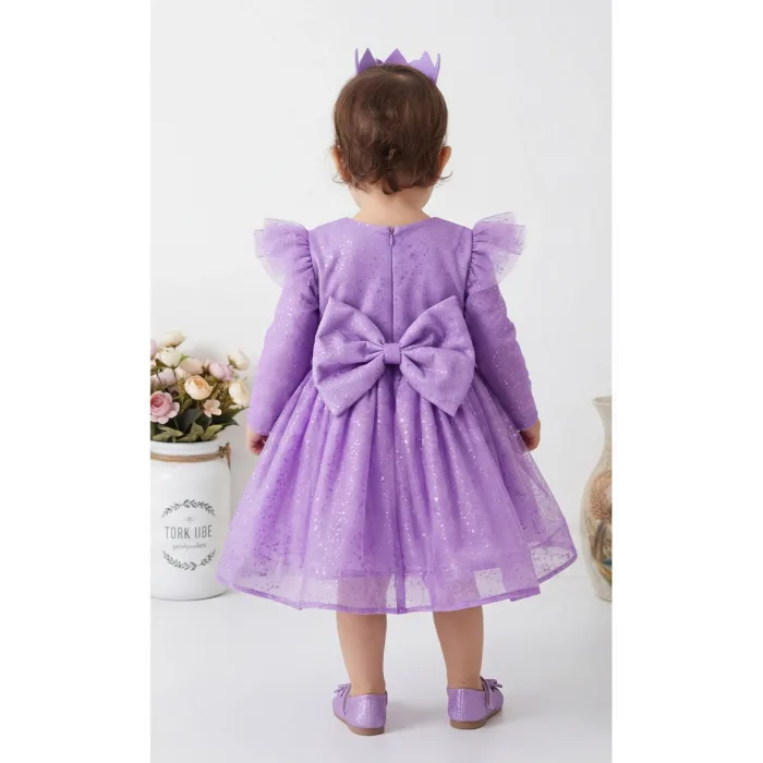 Lila Parıltılı Uzun Kol Kabarık Elbise Abiye Gelinlik