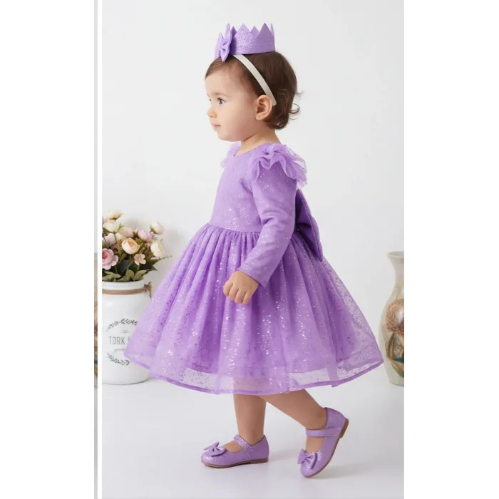 Lila Parıltılı Uzun Kol Kabarık Elbise Abiye Gelinlik