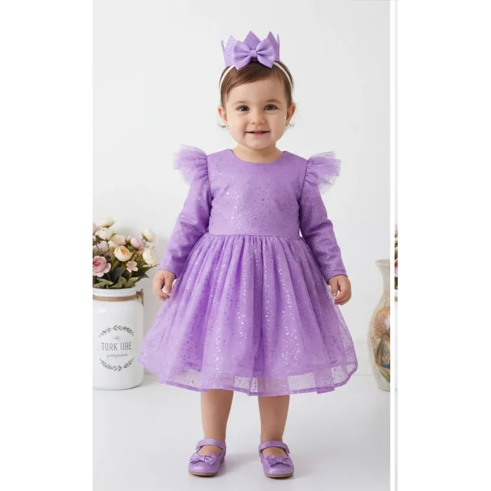 Lila Parıltılı Uzun Kol Kabarık Elbise Abiye Gelinlik