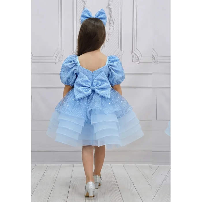 Kız Çocuk Bebe Mavisi Boncuklu Payetli Grenli Kalp Detaylı Kabarık Elbise
