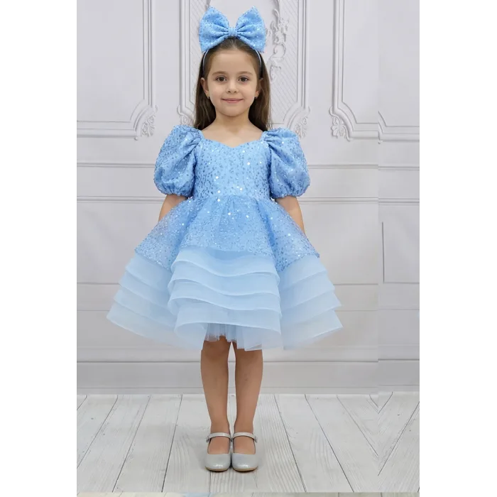 Kız Çocuk Bebe Mavisi Boncuklu Payetli Grenli Kalp Detaylı Kabarık Elbise