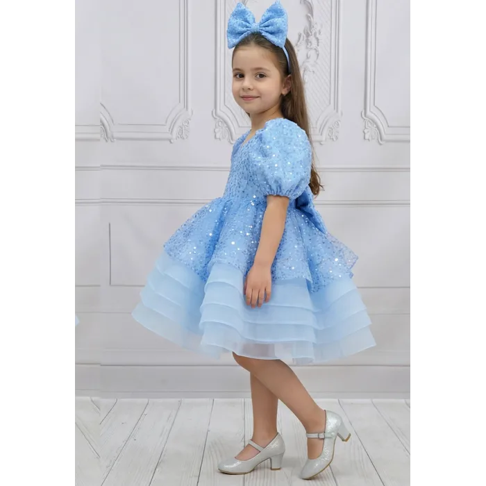 Kız Çocuk Bebe Mavisi Boncuklu Payetli Grenli Kalp Detaylı Kabarık Elbise