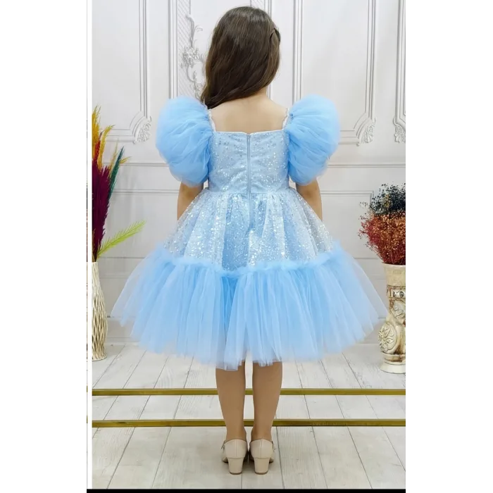 Bebe Mavisi Taşlı Boncuklu Straplez Kabarık Elbise Abiye Gelinlik
