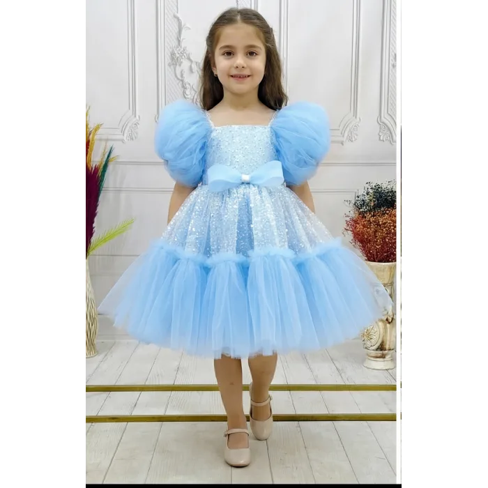 Bebe Mavisi Taşlı Boncuklu Straplez Kabarık Elbise Abiye Gelinlik