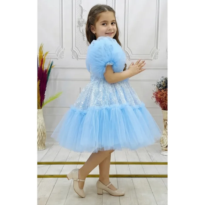 Bebe Mavisi Taşlı Boncuklu Straplez Kabarık Elbise Abiye Gelinlik