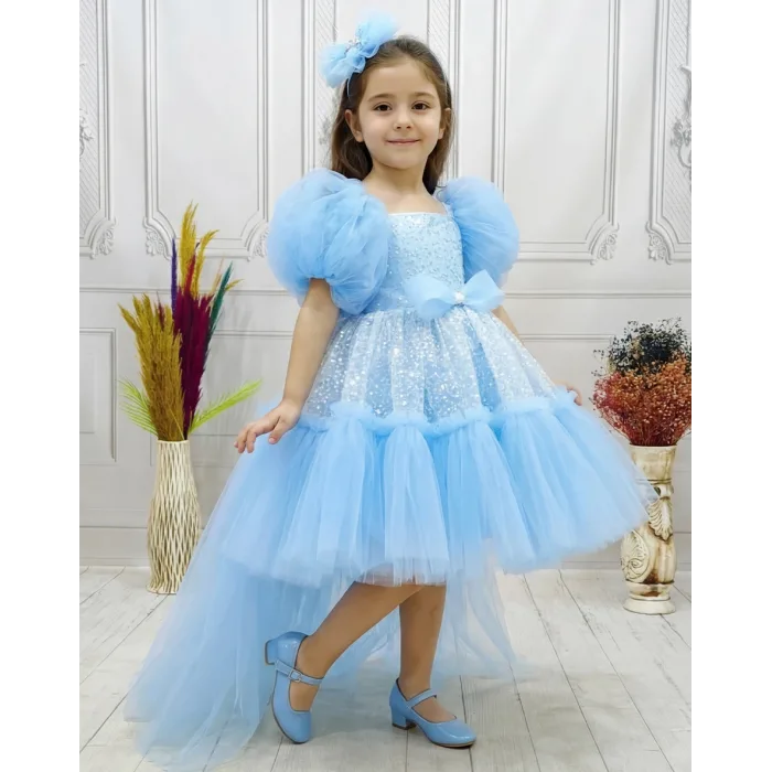 Bebe Mavisi Taşlı Boncuklu Straplez Kabarık Elbise Abiye Gelinlik