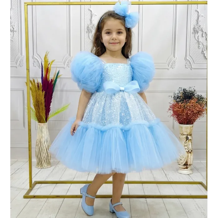 Bebe Mavisi Taşlı Boncuklu Straplez Kabarık Elbise Abiye Gelinlik