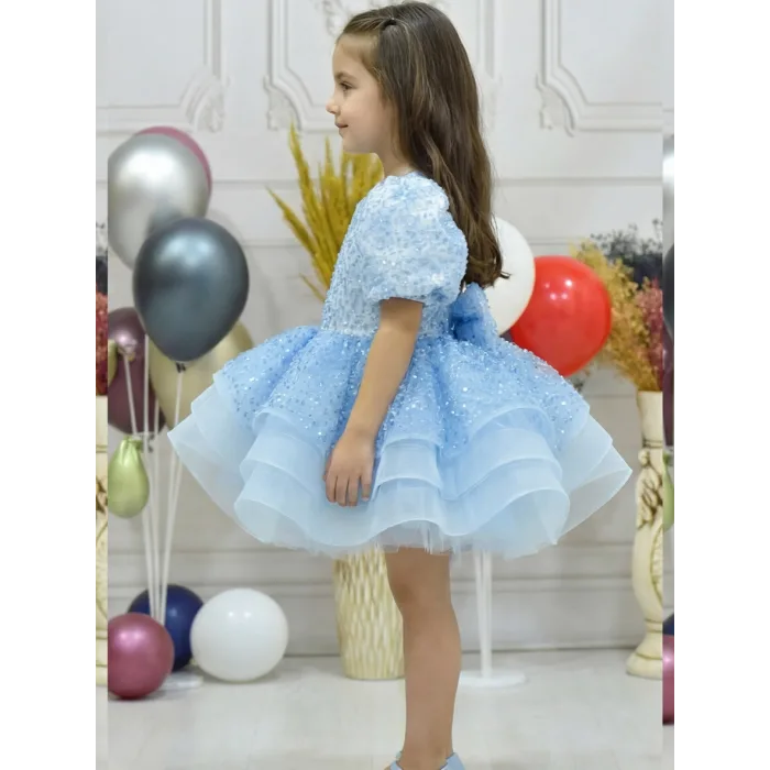 Kız Çocuk Bebe mavisi Kısa Balon Kol Taşlı Boncuklu Elbise