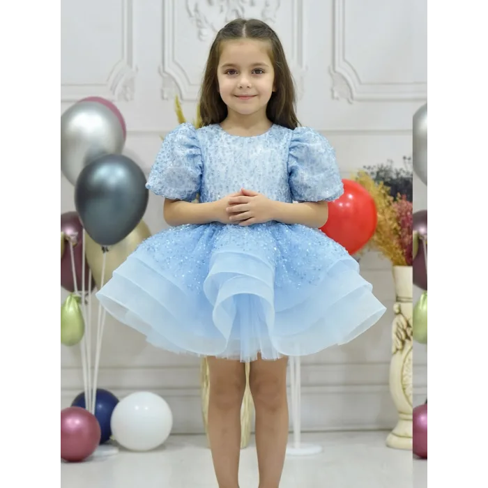 Kız Çocuk Bebe mavisi Kısa Balon Kol Taşlı Boncuklu Elbise