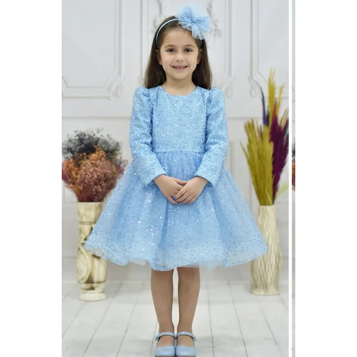 Kız Çocuk Bebe Mavisi Boncuklu Payetli Kabarık Elbise Uzun Kol