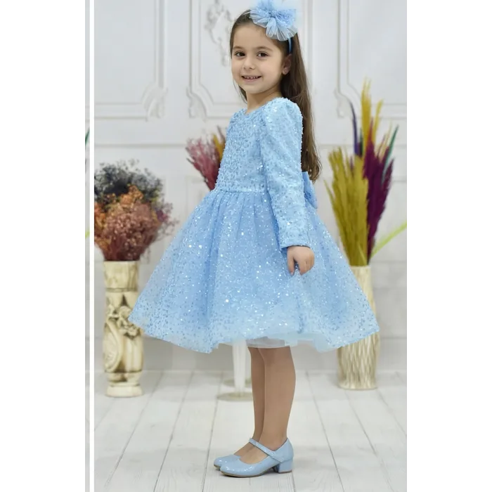 Kız Çocuk Bebe Mavisi Boncuklu Payetli Kabarık Elbise Uzun Kol