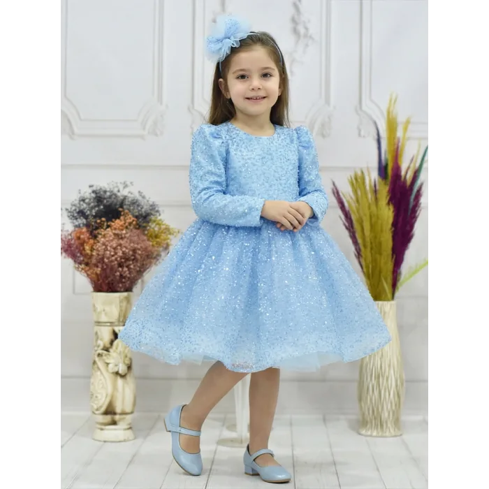 Kız Çocuk Bebe Mavisi Boncuklu Payetli Kabarık Elbise Uzun Kol