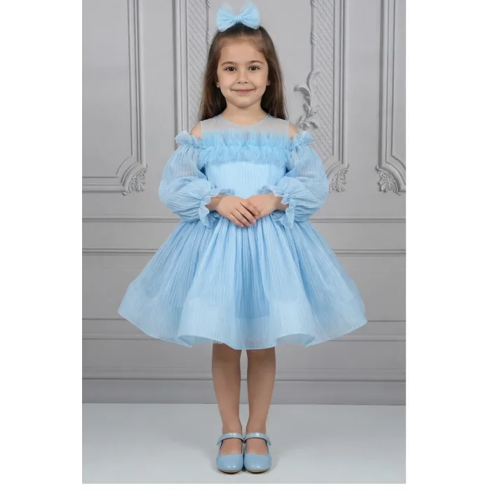 Kız Çocuk Bebe Mavisi Parıltılı Üstü Tül Detaylı Kabarık Elbise
