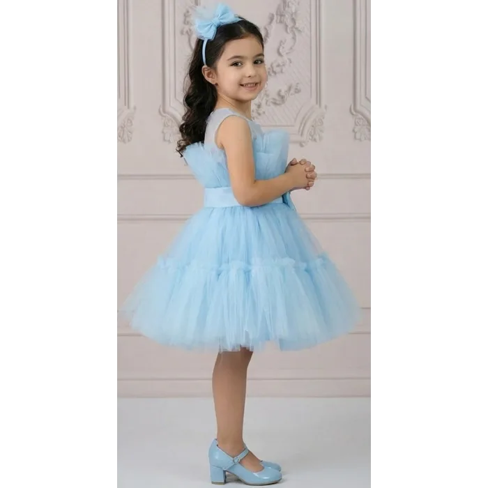 Kız Çocuk Bebe Mavisi Şeffaf Üst Ön Fiyonk Detaylı Kemerli Kabarık Elbise