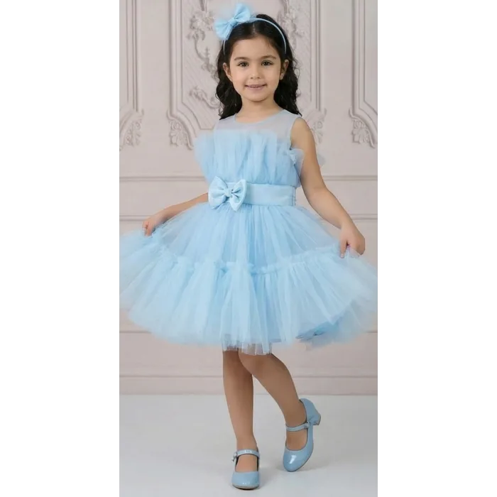 Kız Çocuk Bebe Mavisi Şeffaf Üst Ön Fiyonk Detaylı Kemerli Kabarık Elbise