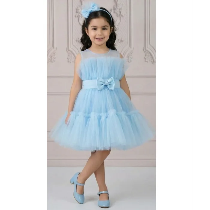 Kız Çocuk Bebe Mavisi Şeffaf Üst Ön Fiyonk Detaylı Kemerli Kabarık Elbise