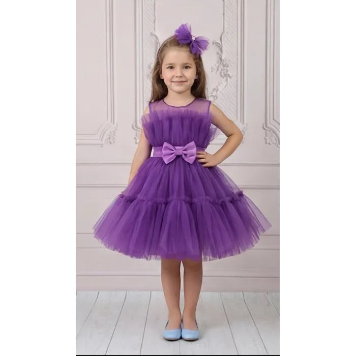 Kız Çocuk Mor Şeffaf Üst Ön Fiyonk Detaylı Kemerli Kabarık