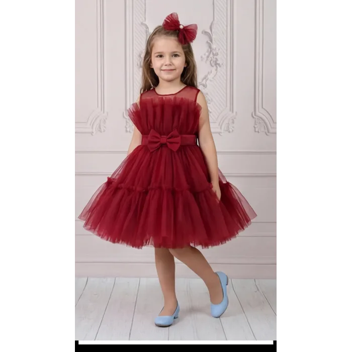 Kız Çocuk Bordo Şeffaf Üst Ön Fiyonk Detaylı Kemerli Kabarık