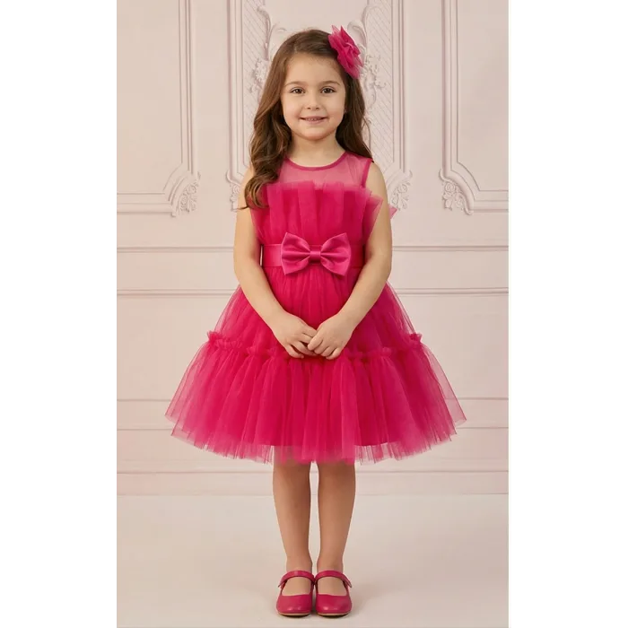 Kız Çocuk Fuşya Şeffaf Üst Ön Fiyonk Detaylı Kemerli Kabarık