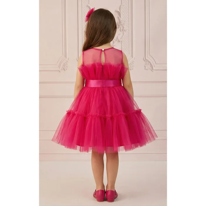 Kız Çocuk Fuşya Şeffaf Üst Ön Fiyonk Detaylı Kemerli Kabarık