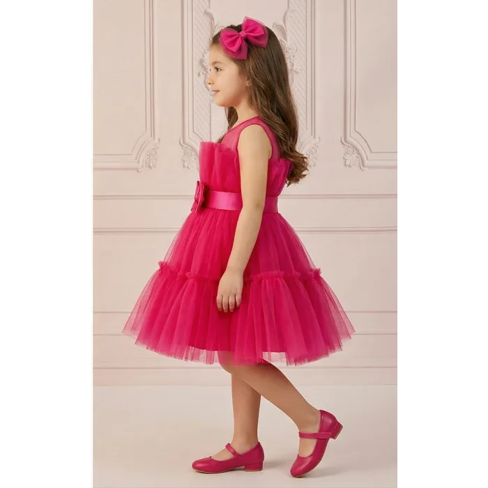 Kız Çocuk Fuşya Şeffaf Üst Ön Fiyonk Detaylı Kemerli Kabarık